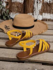 2025 夏季新款女士透气平底凉鞋 - PU 鞋面、交叉带和弹性鞋跟、防滑 TPR 软底沙滩休闲拖鞋 - 黃色 - 查看 5