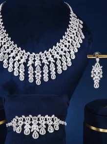 4入組時尚奢華銠鉑金電鍍首飾套裝流蘇水滴項鍊帶3A方晶鋯石設計適合婚禮婚禮週年紀念日 - 流蘇 - 查看 6