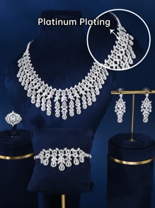 4入組時尚奢華銠鉑金電鍍首飾套裝流蘇水滴項鍊帶3A方晶鋯石設計適合婚禮婚禮週年紀念日 - 流蘇 - 查看 4
