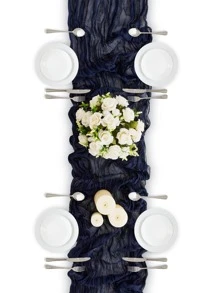 1pc Bohemian Style Rustic Wedding Party Gathering Shabby Cloth Table Runner, 90*180cm - Navy Blue - View 5