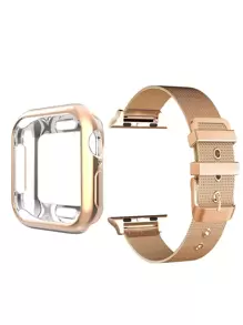 2pcs/Set Watch Bands + Watch Case, Stainless Steel Breathable Adjustable Mesh Band With PC Soft Material, Waterproof Shock-Proof Gold Watch Protector Shell With Screen Protector, Applicable For Ultra 3/21 Series, SE S10/S9/S8/S7/S6/S5/S4/S3/S2/S1 38mm 40mm 41mm 42mm 44mm 45mm, Unisex Replacement Strap And Watch Protector - Gold - View 3