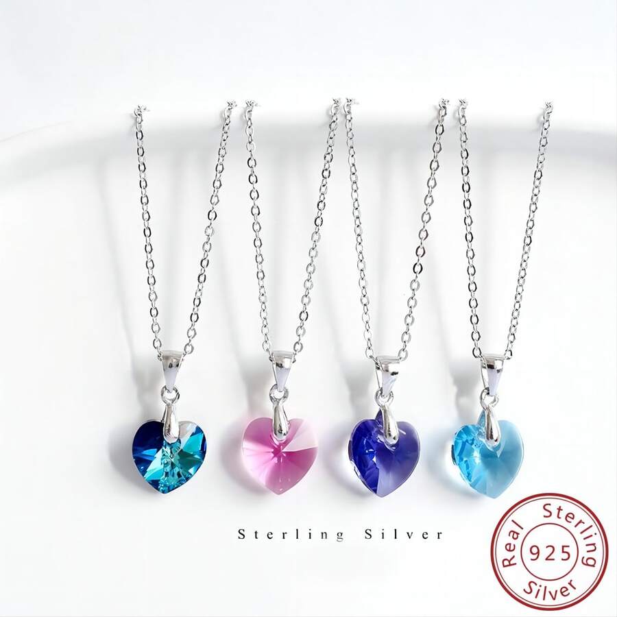 OMID 925純銀心形水晶&方晶鋯石項鍊,時尚首飾配件,流行鎖骨鏈條禮品 - 項鍊 - 查看 1