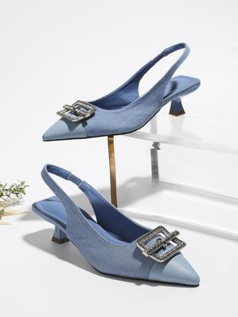 Women's Pointed Toe Patchwork Zig Zag Rhinestone Buckle Shallow Back Strap Elegant Flat Shoes