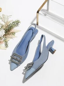 Women's Pointed Toe Patchwork Zig Zag Rhinestone Buckle Shallow Back Strap Elegant Flat Shoes