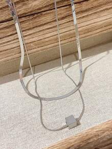 Two Pieces Of Stackable Cube Pendant Necklaces - And Unique Collarbone Chains For Women - Summer High-End Stainless Steel Accessories Set - Perfect For Daily Wear - Silver - View 4