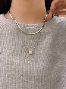 Two Pieces Of Stackable Cube Pendant Necklaces - And Unique Collarbone Chains For Women - Summer High-End Stainless Steel Accessories Set - Perfect For Daily Wear - Silver - View 5