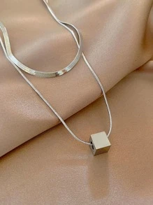 Two Pieces Of Stackable Cube Pendant Necklaces - And Unique Collarbone Chains For Women - Summer High-End Stainless Steel Accessories Set - Perfect For Daily Wear - Silver - View 2
