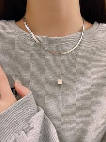 Two Pieces Of Stackable Cube Pendant Necklaces - And Unique Collarbone Chains For Women - Summer High-End Stainless Steel Accessories Set - Perfect For Daily Wear - Silver - View 1