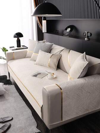 1入組提花沙發巾，米色滌綸沙發座墊，四季皆宜