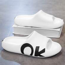 女式字母印花休閒拖鞋，夏季時尚輕便沙灘拖鞋，女式白色一體式室內拖鞋 - 白色 - 查看 3