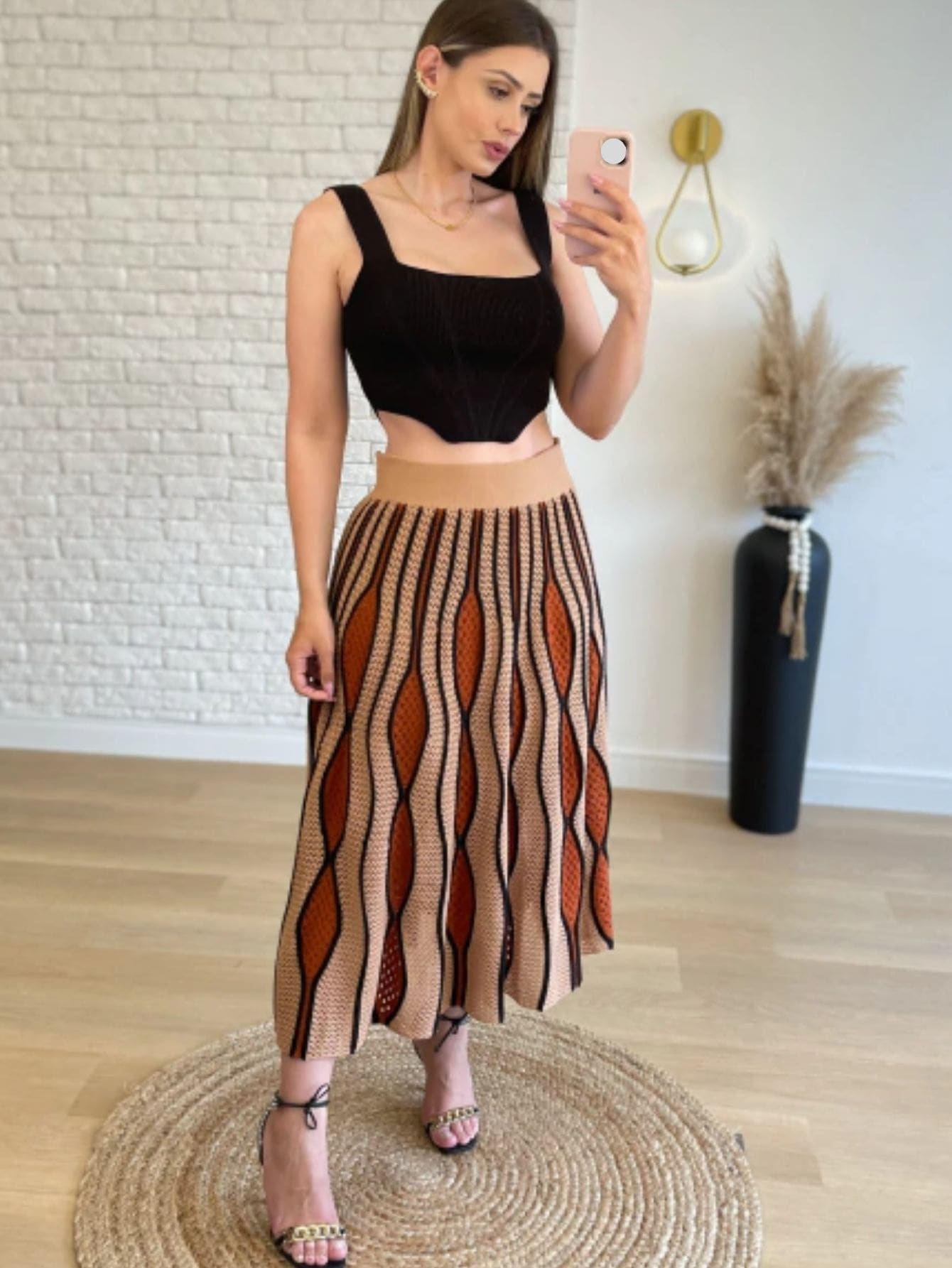 Saia Midi Em Tricô Modal Moda Outono Inverno