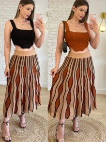 Saia Midi Em Tricô Modal Moda Outono Inverno