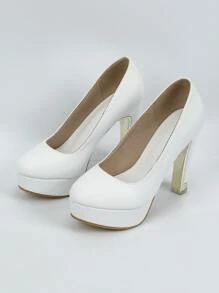 职业女士白色圆头粗跟防水厚底低帮鞋 - 白色 - 查看 6