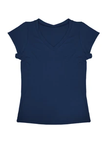 Blusa Camiseta Feminina Gola V Babylook Básica Lisa Viscolycra Slim Viscolycra Confortável Leve Trabalho Uniforme Dia a Dia - Azul Marinho - Visão 2