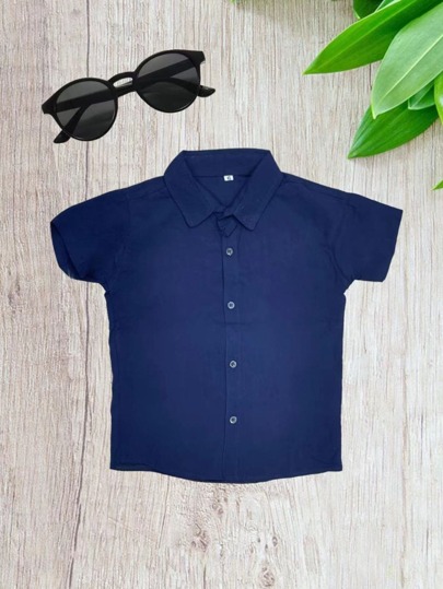 MODA INFANTIL_ Camisa Social Básico Manga Curta Com Botão Confortável Menino da criança