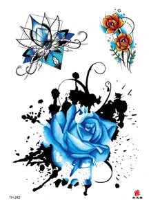 1入組3圖案紋身貼紙,藍色的玫瑰花幾何圖案眼睛圖案臨時紋身貼,身體手手臂腿藝術彩妝假紋身貼紙適合女士 - 彩色 - 查看 2