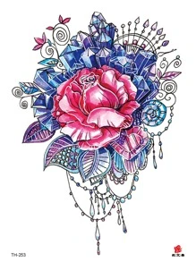 1張大美麗玫瑰花和水晶圖案臨時紋身貼 - 彩色 - 查看 2
