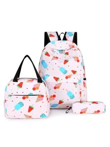 Paquete de 3 piezas mochila lapicera y lonchera diseño de frutitas y helado - Multicolor - Ver 1