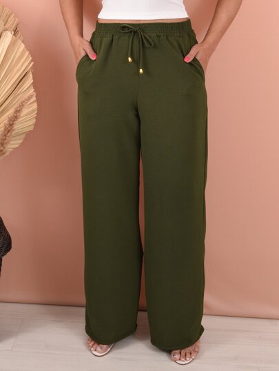 Calça Pantalona Feminina Cintura Alta Wid Leg Não Transparente Bolsos