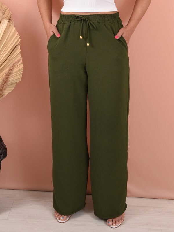 Calça Pantalona Feminina Cintura Alta Wid Leg Não Transparente Bolsos