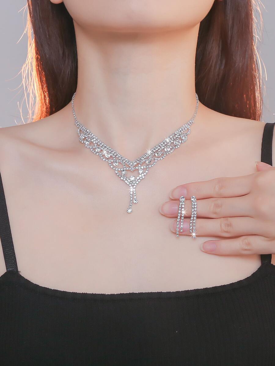 Supra Diamanto Gorgeous-Luxury Shining Bling Crystal Rhinestone Necklace Earrings Set Wedding Party Jewelry 3 In 1