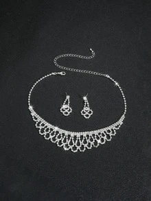 Supra Diamanto Gorgeous-Luxury Shining Bling Crystal Rhinestone Necklace Earrings Set Wedding Party Jewelry 3 In 1 - Silver - View 4