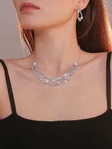 Supra Diamanto Gorgeous-Luxury Shining Bling Crystal Rhinestone Necklace Earrings Set Wedding Party Jewelry 3 In 1 - Silver - View 7