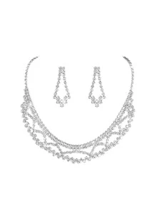 Supra Diamanto Gorgeous-Luxury Shining Bling Crystal Rhinestone Necklace Earrings Set Wedding Party Jewelry 3 In 1 - Silver - View 5