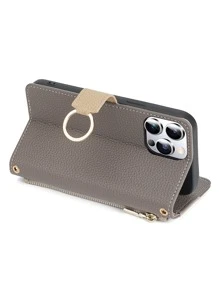 keyunfei 1pc Gray Metal Shoulder Strap Wallet Card Holder Stand Flip Cover Phone Case Compatible With Apple 17/17 Pro, Honor Magic Lite, OnePlus Nord CE3, Wish2, Apple 16/16E, A14, P20 Lite, Poco X5, Redmi Note 11 Pro, Pixel 3A, OPPO A16 - Grey - View 7