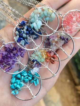 7pcs/Set Hot Selling Fashion Natural Crushed Stone Amethyst Crystal Silver Color Tree Of Life Necklace