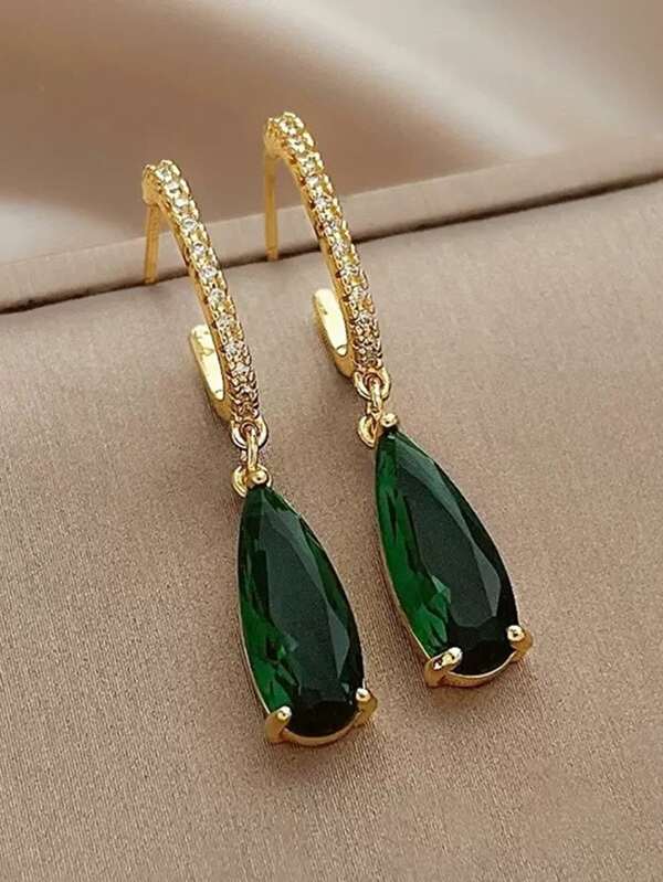 1 Pair Fashionable Green Cubic Zirconia Teardrop Earrings, Women's Wedding Engagement Anniversary Party Jewelry, Valentine's Day Gift