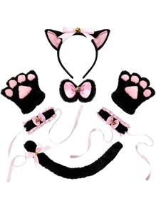Cute Cat Girl Cosplay Accessory Set, 7Pcs Cat Ears Headband Tail Two Wristbands And Paws Gloves For Halloween Dress Up, Cat Cosplay, Animal Pretend Play - 粉色 - 查看 1