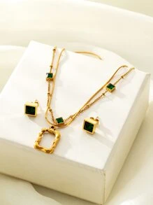 3pcs Copper Made Square Shape Jewelry Set With Zirconia In Green Color For Women, Vintage Style - Yellow Gold - View 2