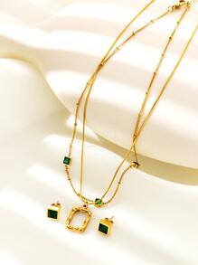 3pcs Copper Made Square Shape Jewelry Set With Zirconia In Green Color For Women, Vintage Style - Yellow Gold - View 1