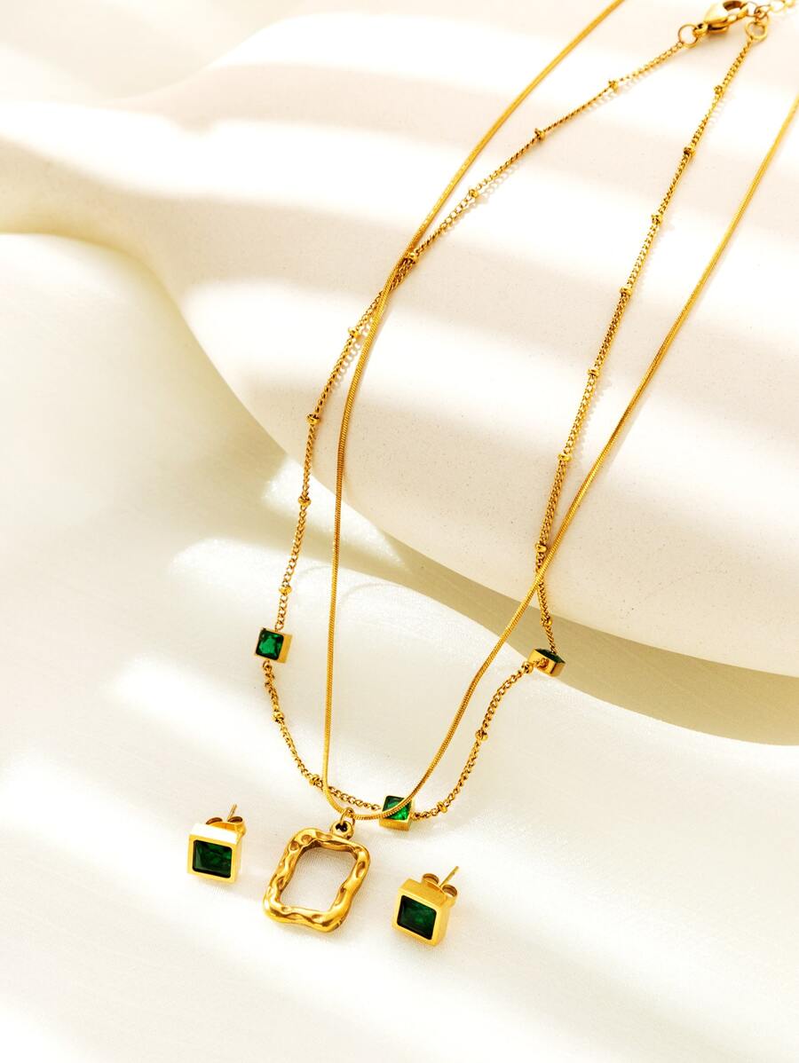 3pcs Copper Made Square Shape Jewelry Set With Zirconia In Green Color For Women, Vintage Style - Yellow Gold - View 1