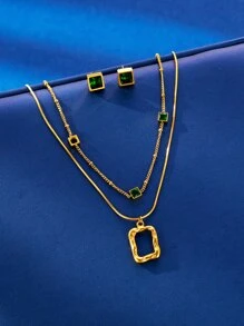 3pcs Copper Made Square Shape Jewelry Set With Zirconia In Green Color For Women, Vintage Style - Yellow Gold - View 3