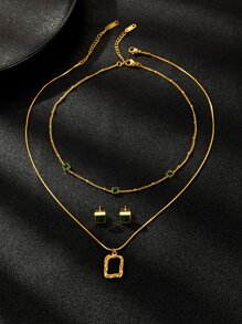 3pcs Copper Made Square Shape Jewelry Set With Zirconia In Green Color For Women, Vintage Style - Yellow Gold - View 4