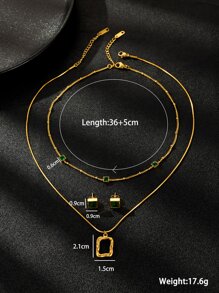 3pcs Copper Made Square Shape Jewelry Set With Zirconia In Green Color For Women, Vintage Style - Yellow Gold - View 5