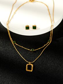 3pcs Copper Made Square Shape Jewelry Set With Zirconia In Green Color For Women, Vintage Style - Yellow Gold - View 6