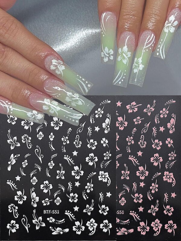 3D Hibiscus Flower Nail Stickers Summer Decor Pink White Flowers Nail