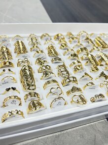 24 件/套金色几何镂空不锈钢花朵图案，适合日常装饰或礼物（混合款式混合戒指，无盒子）情人节、妈妈、母亲、母亲节、礼物 - 金黃色 - 查看 1