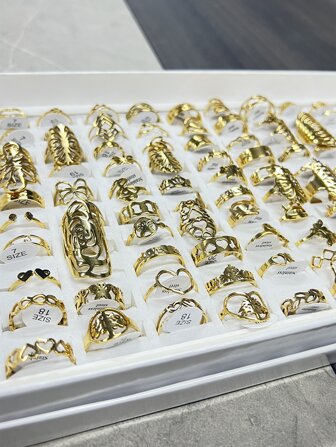 24pcs/Set Gold Color Geometric Hollowed Out Stainless Steel Flower Pattern, Suitable For Daily Decoration Or Gift (Mixed Styles Mixed Rings, No Box) Valentines,Mom,Mother,Mother's Day,Gift