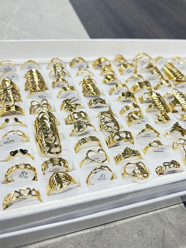 24pcs/Set Gold Color Geometric Hollowed Out Stainless Steel Flower Pattern, Suitable For Daily Decoration Or Gift (Mixed Styles Mixed Rings, No Box) Valentines,Mom,Mother,Mother's Day,Gift