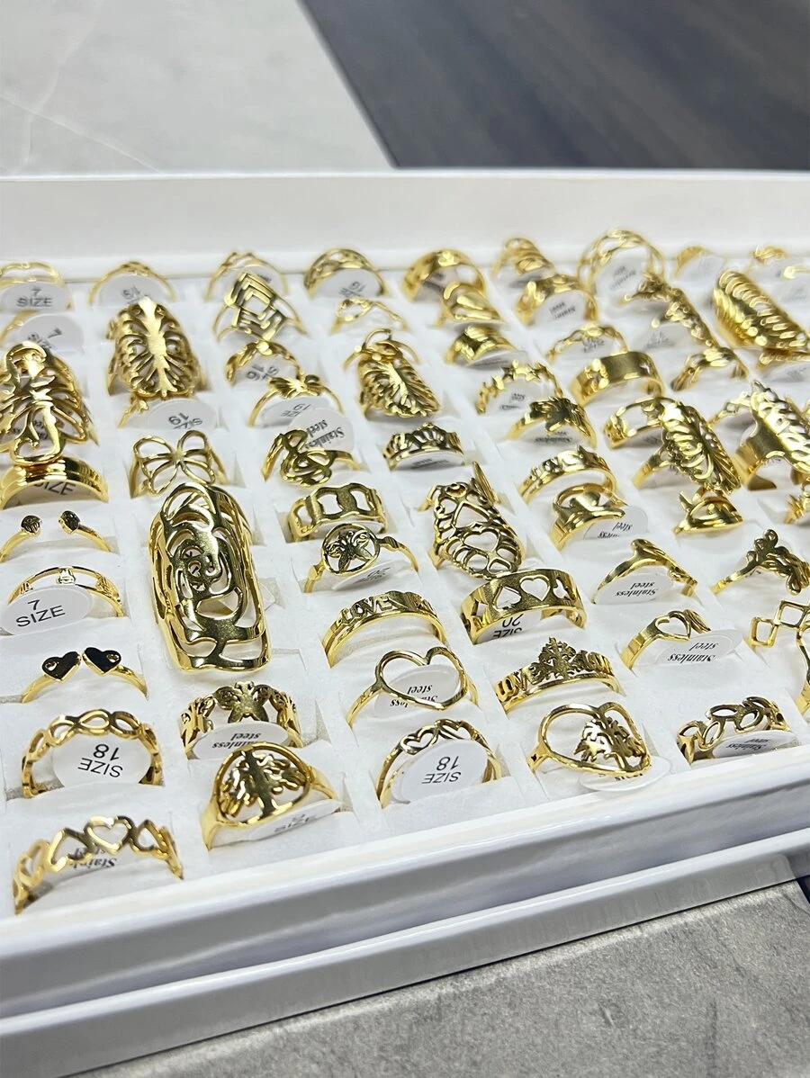 24 件/套金色几何镂空不锈钢花朵图案，适合日常装饰或礼物（混合款式混合戒指，无盒子）情人节、妈妈、母亲、母亲节、礼物 - 金黃色 - 查看 1