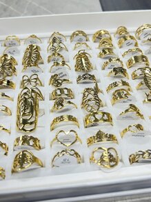 24 件/套金色几何镂空不锈钢花朵图案，适合日常装饰或礼物（混合款式混合戒指，无盒子）情人节、妈妈、母亲、母亲节、礼物 - 金黃色 - 查看 3