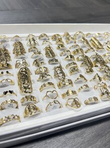 24 件/套金色几何镂空不锈钢花朵图案，适合日常装饰或礼物（混合款式混合戒指，无盒子）情人节、妈妈、母亲、母亲节、礼物 - 金黃色 - 查看 4