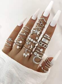 22 cái Retro & Thanh lịch Ngọc trai Giả Và Đồ trang trí Rhinestone Tim Và Đa nguyên tố Bộ nhẫn Thích hợp Đối với Của phụ nữ Mặc hàng ngày - Bạc - Xem 1