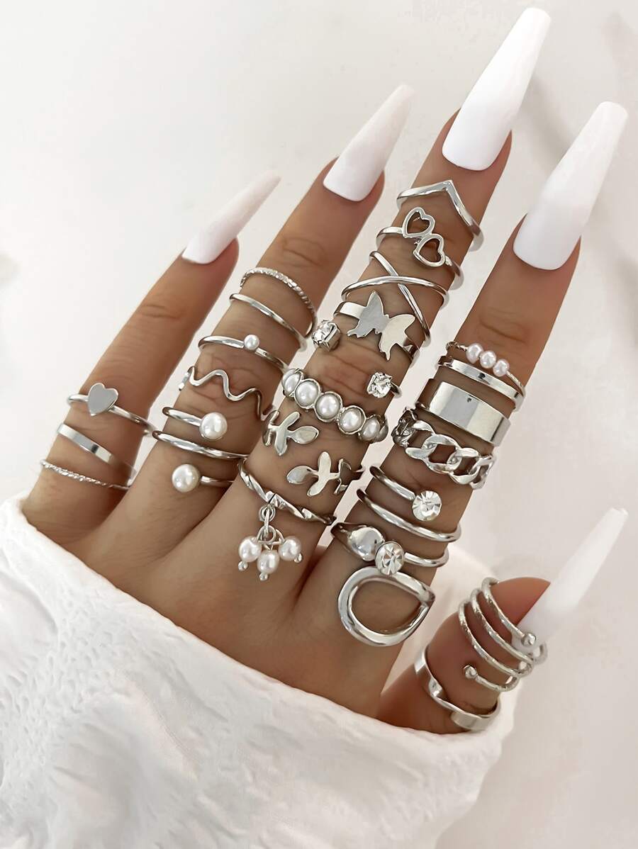 22 cái Retro & Thanh lịch Ngọc trai Giả Và Đồ trang trí Rhinestone Tim Và Đa nguyên tố Bộ nhẫn Thích hợp Đối với Của phụ nữ Mặc hàng ngày - Bạc - Xem 1