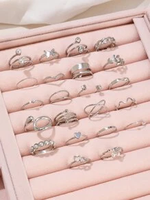 22 cái Retro & Thanh lịch Ngọc trai Giả Và Đồ trang trí Rhinestone Tim Và Đa nguyên tố Bộ nhẫn Thích hợp Đối với Của phụ nữ Mặc hàng ngày - Bạc - Xem 2