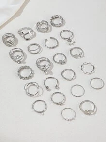 22 cái Retro & Thanh lịch Ngọc trai Giả Và Đồ trang trí Rhinestone Tim Và Đa nguyên tố Bộ nhẫn Thích hợp Đối với Của phụ nữ Mặc hàng ngày - Bạc - Xem 4